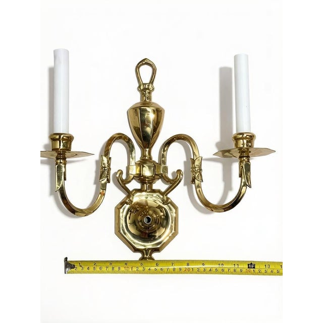 Late 20th Century Vintage Plated Brass Double Light Wall Candelabra Sconce - a Pair For Sale - Image 5 of 6
