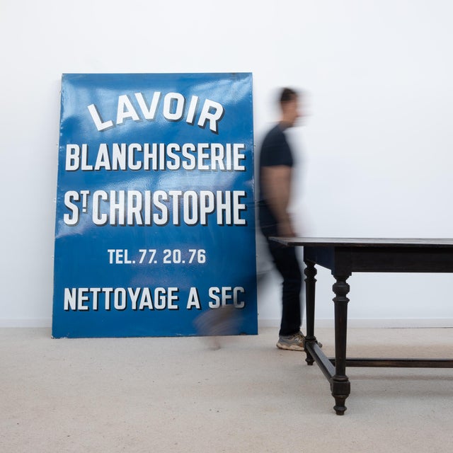 Impressive vintage enameled metal advertising sign, originating from a former Saint-Christophe wash house/laundry. It...