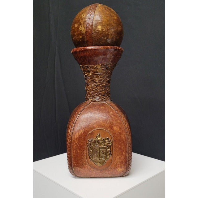 1970s Italian Leather Wrapped Decanter Brass Knight Crest, Bar Cart Dark Academic For Sale - Image 10 of 18