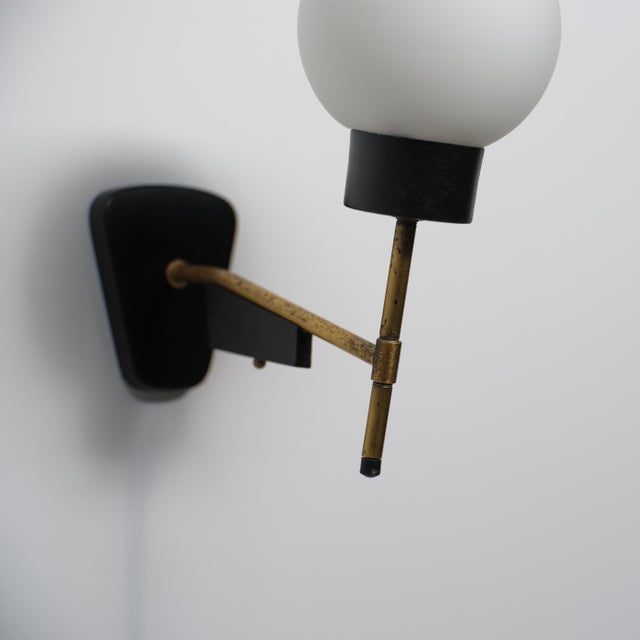 Mid-Century Modern Italian Brass Wall Sconce with Opaline Glass Shade, 1950s For Sale - Image 3 of 6