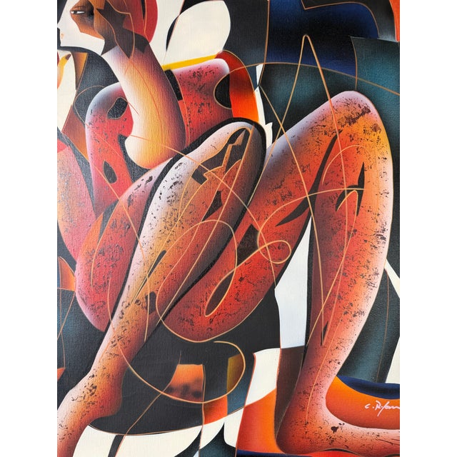 1980s 1980’s Vintage C. Ryan Cubist Figural Oil on Canvas Painting, Framed For Sale - Image 5 of 12