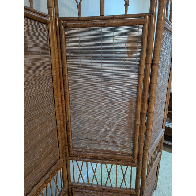 Vintage 6-Panel Bamboo Rattan Folding Room Divider Screen Arched Fan Top 1970's For Sale - Image 4 of 10