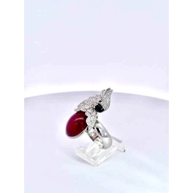 Boho Chic Large Oval Ruby Cabochon and Diamond Parrot Ring, Size 6.5 For Sale - Image 3 of 9