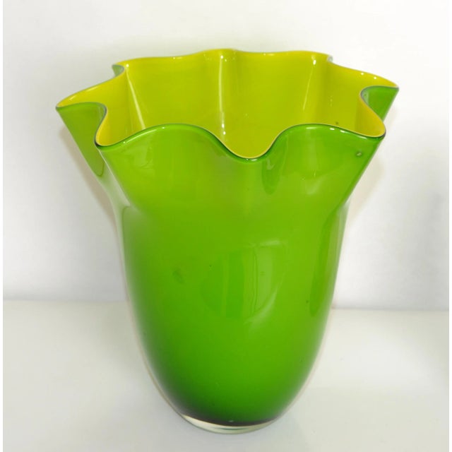 Bohemia 1980s Modern Fazzoletto Murano Attributed Handkerchief Style Green Yellow Vase For Sale - Image 4 of 13