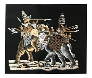 Mid-Century Indian Batik Fabric 'Battle of Elephant Warriors'