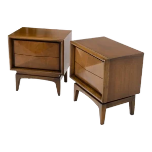 Pair Mid-Century Modern Dimond Front Drawers End Tables Nightstands Stands
