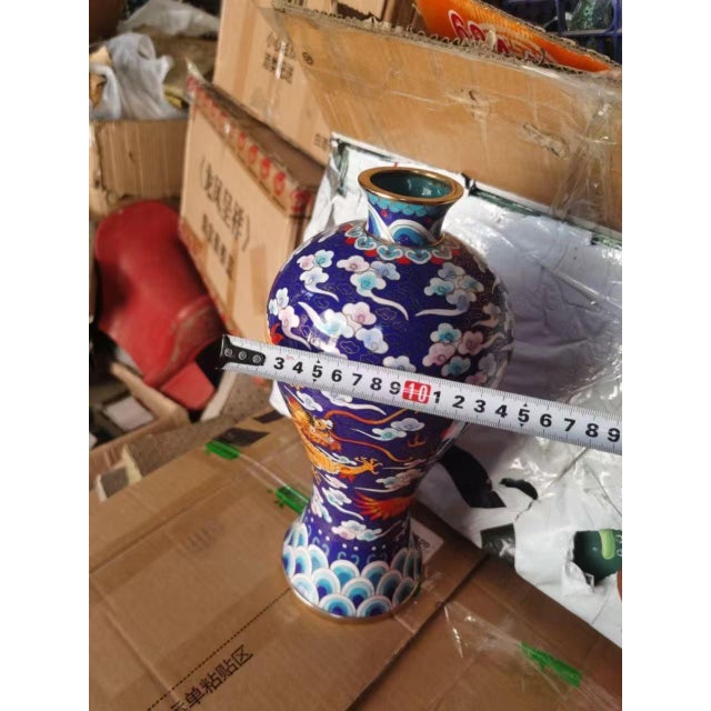 Vintage Cloisonné Enamel Meiping Vase – Dragon & Phoenix Motif, With Box & Stand For Sale In Los Angeles - Image 6 of 9