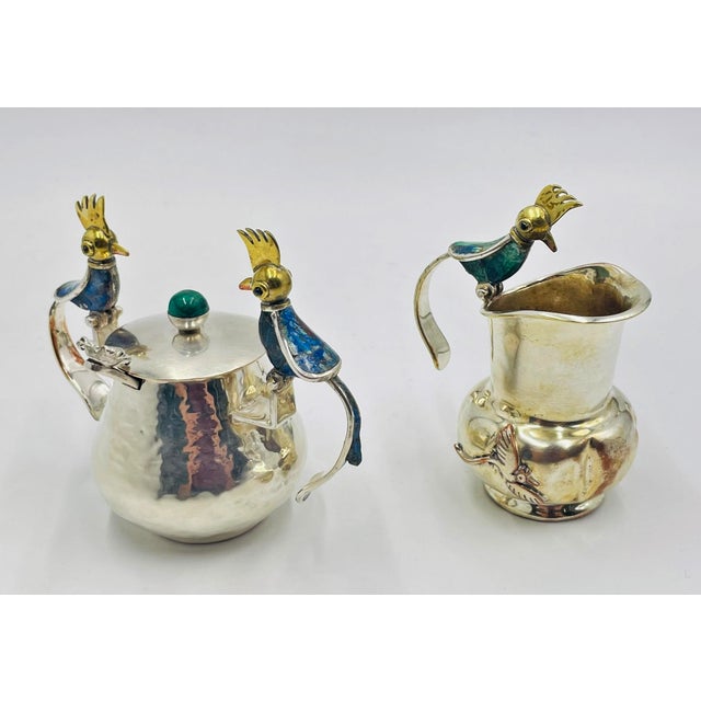 1960s Los Castillo Taxco Bird of Paradise Creamer & Sugar W Malachite Lapis - a Pair For Sale - Image 9 of 18