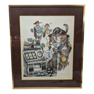 1970s "Jackpot" Signed Lithograph #122/200 by George Crionas of a Clown Playing Slots For Sale