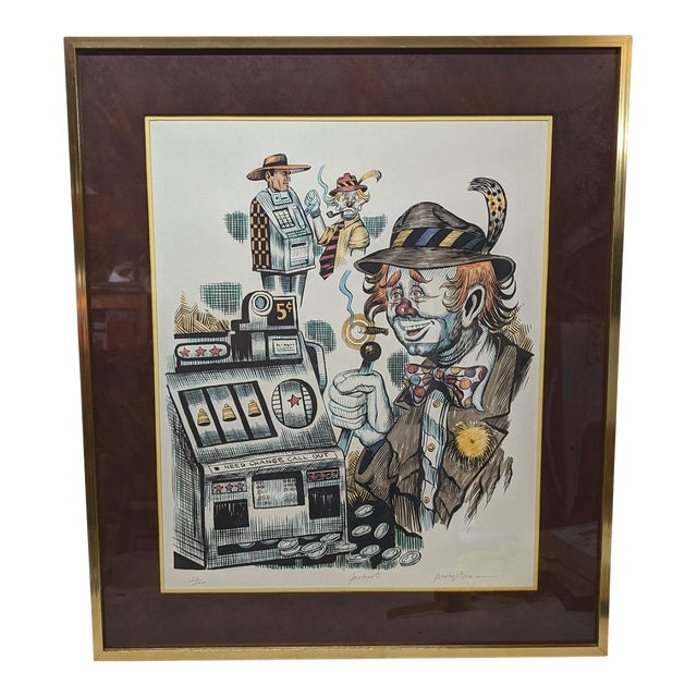 1970s "Jackpot" Signed Lithograph #122/200 by George Crionas of a Clown Playing Slots For Sale