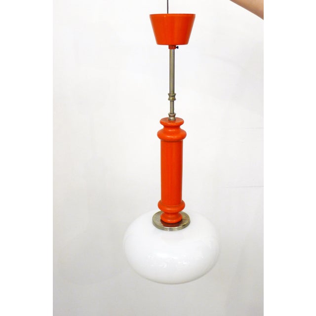 Wood Vintage Space Age Pendant Light in Orange Wood & Opaline Lampshade, 1960s For Sale - Image 7 of 12