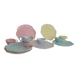 Mid 20th Century Taylor Smith Taylor Leaf Fantasy Ceramic Tea Cups and Plates - Set of 15