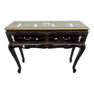 Vintage Sofa Table Console Chinoiserie Mother of Pearl Applique Asian Style For Sale