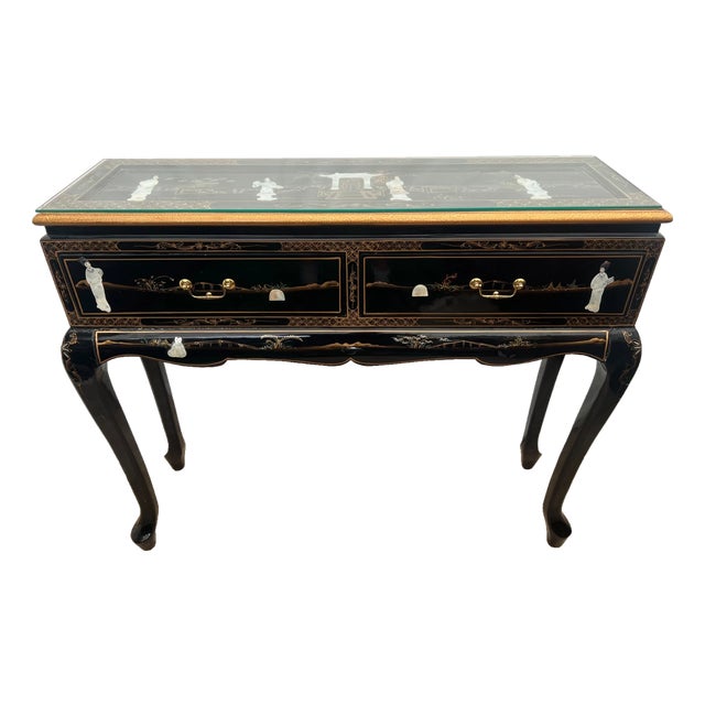 Vintage Sofa Table Console Chinoiserie Mother of Pearl Applique Asian Style For Sale