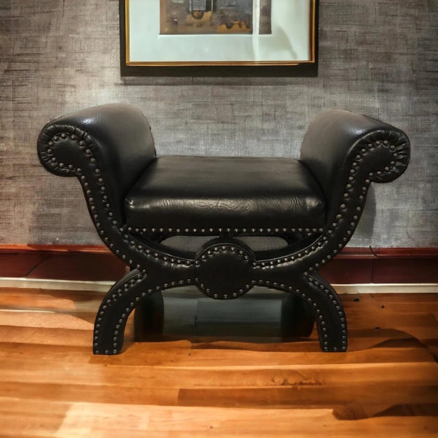 Traditional Black Vintage Vinyl Ottoman/Stool (Vintage) For Sale - Image 3 of 7