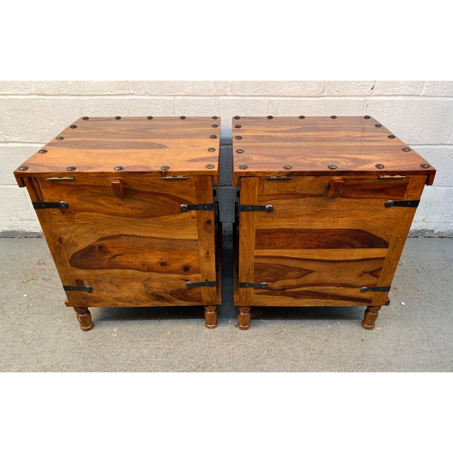 Brown Late 20th Century Pair of Rustic Wood and Metal Storage Trunks W/ Lift-Top Lids For Sale - Image 8 of 15