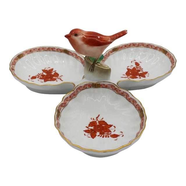 Hungarian Herend Chinese Bouquest Rust 3-Part Relish Dish For Sale