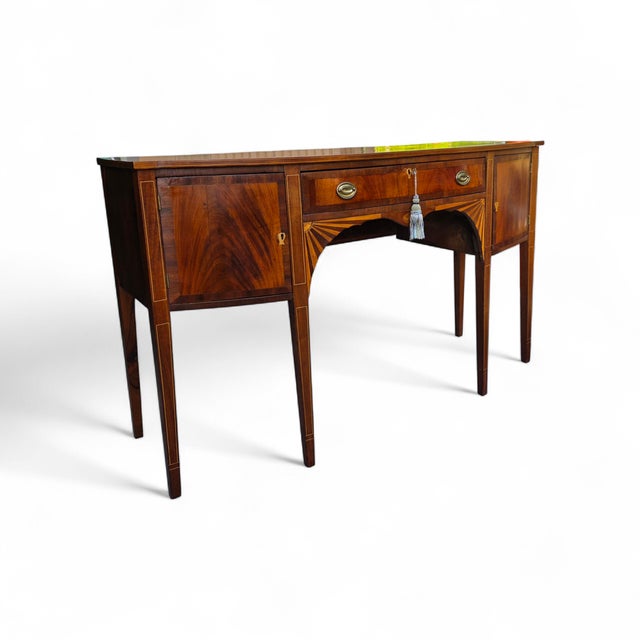 English George III Sheraton Mahogany Bowfront Sideboard With Fan Marquetry, Circa 1790–1810 For Sale - Image 15 of 18