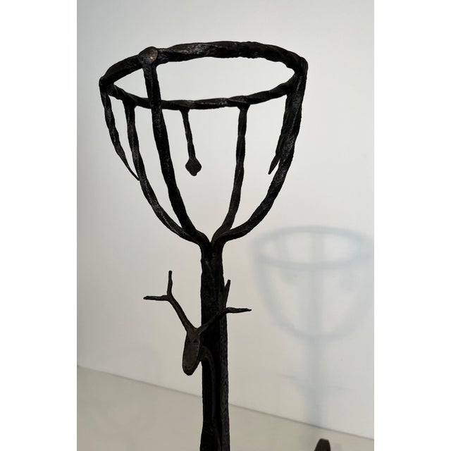 Metal Important pair of wrought iron border andirons with deer heads For Sale - Image 7 of 12