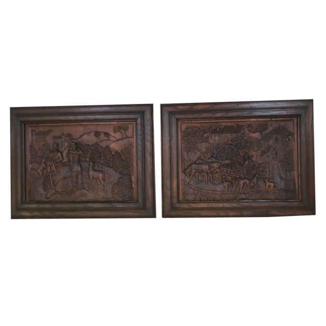 Bas-Reliefs Scenes in a Wooden Frame Signed by M. Arendt, 1940s, Set of 2 For Sale