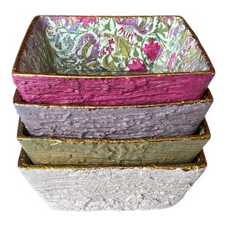Boho Chic Set of 4 Ceramic Travertine Style Stoneware Bowls; Wm Morris "Golden Lily" Resin Finish, Food-Safe for Dips, Bath, Vanity, Desk 6x4.5x3.5 For Sale