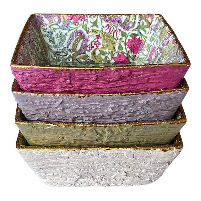 Boho Chic Set of 4 Ceramic Travertine Style Stoneware Bowls; Wm Morris "Golden Lily" Resin Finish, Food-Safe for Dips, Bath, Vanity, Desk 6x4.5x3.5 For Sale