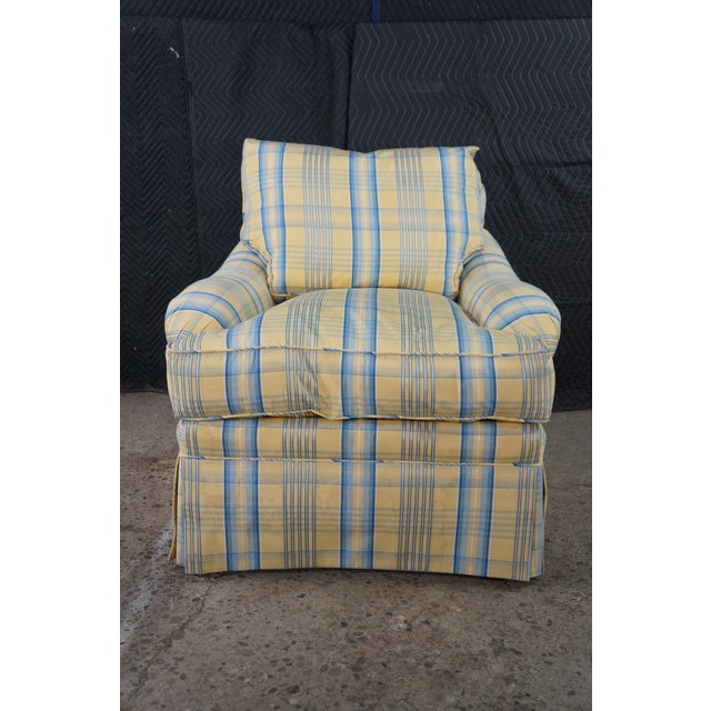 Swaim Vintage Swaim Yellow & Blue Plaid Down Filled Library Club Skirted Arm Chair For Sale - Image 4 of 18