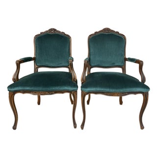 Louis XV Style Carved Walnut Armchairs in Emerald Velvet, a Pair For Sale