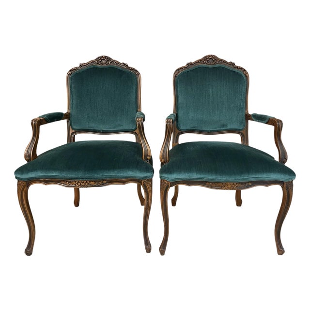 Louis XV Style Carved Walnut Armchairs in Emerald Velvet, a Pair For Sale