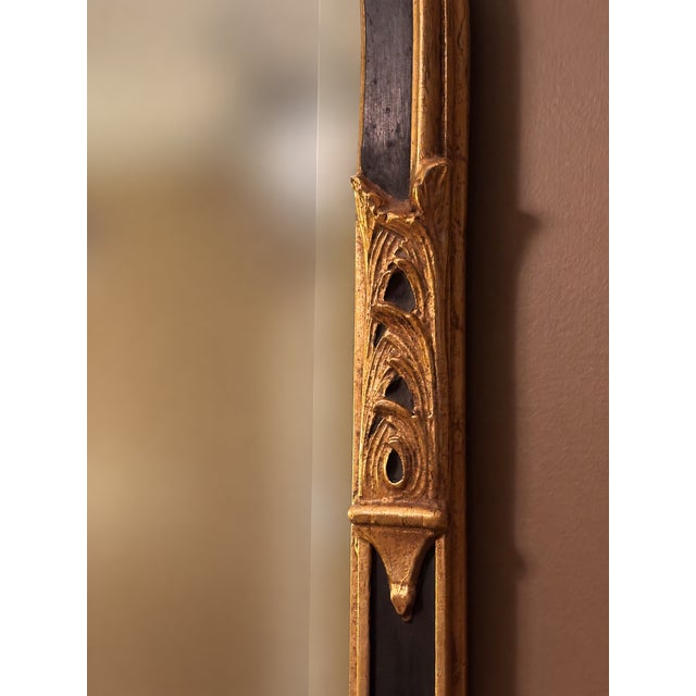 French Provincial Ornate Gold and Black Beveled Wall Mirror With Botanical Crest For Sale - Image 3 of 6
