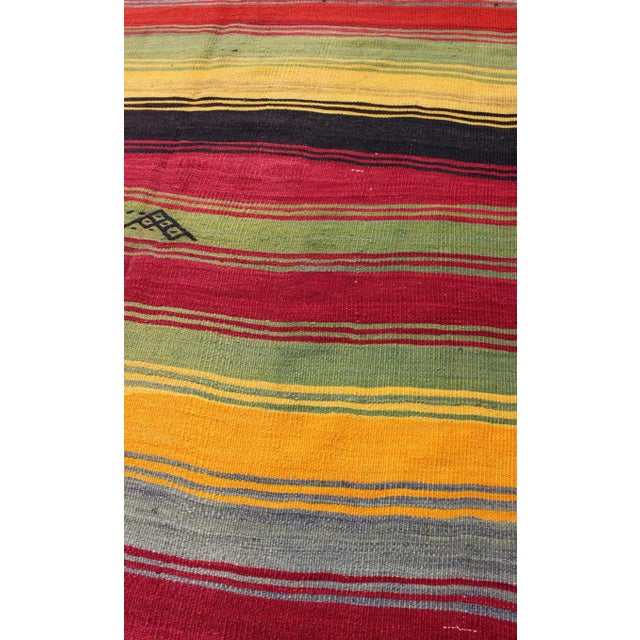 Mid 20th Century Bright & Colorful Vintage Turkish Kilim Rug in Stripes Design With Vivid Colors For Sale In Atlanta - Image 6 of 11