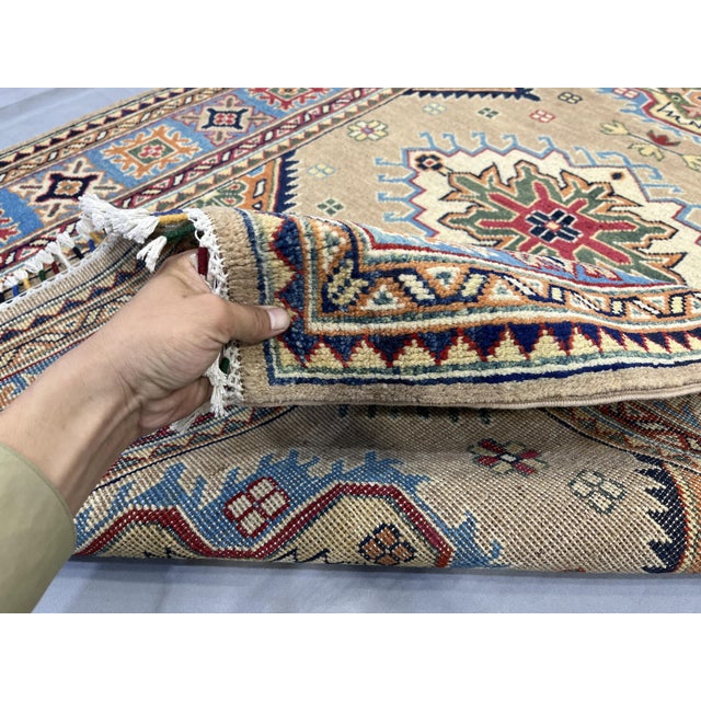 Beige Persian Style Kazak Wool Rug With Blue Border, 4'2" X 5'10" For Sale - Image 9 of 14