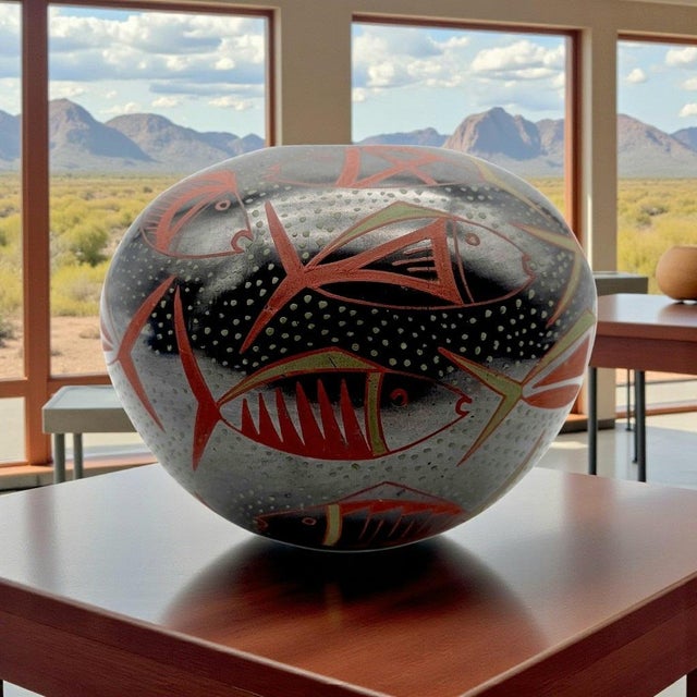 A signed Mata Ortiz pottery bowl by Efrain Lucero, defined by continuous fish motifs articulated in black, terracotta, and...