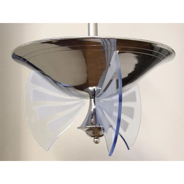 Blue Vintage Art Deco Chromed Pendant Light with Blue Glass by Henri Petitot for Atelier Petitot, 1930s For Sale - Image 8 of 11