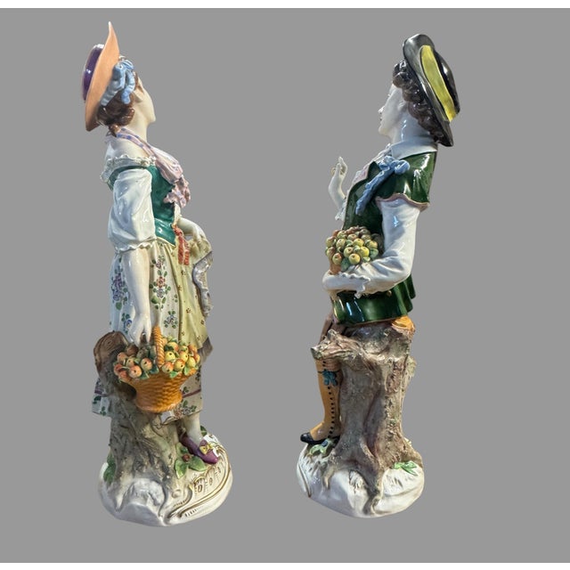 Antique Sitzendorf German Porcelain Figurines Pair Fruit Sellers 20” Large For Sale - Image 10 of 12