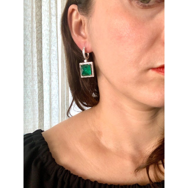 32Carat Natural Zambian Emerald Sugar Loaf Cabochon & Diamond/Drop Earrings 18KG For Sale - Image 4 of 18