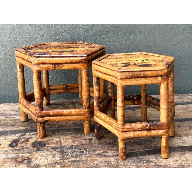 Mid-Century Modern Vintage Hexagonal Bamboo Orchid Pedestals - Set of 2 For Sale - Image 3 of 12
