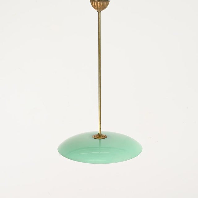 Metal Fontana Arte Chandelier in Turquoise Glass, Brass and Murano Glass, Italy, 1950s For Sale - Image 7 of 15