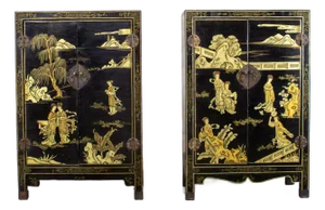 19th to 20th Century Pair of Japanese Textured Black Lacquer Chests W/Hand Painted Asian Details