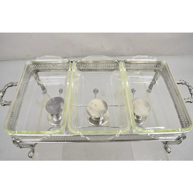 Late 20th Century Vintage Sheffield Silver Co Silver Plated 3 Burner Warming Triple Chafing Dish For Sale - Image 5 of 12