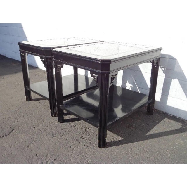 Lane Furniture Mid 20th Century Lane Pair of Fretwork Lacquer Accent Tables Chinese Chinoiserie Ming For Sale - Image 4 of 10