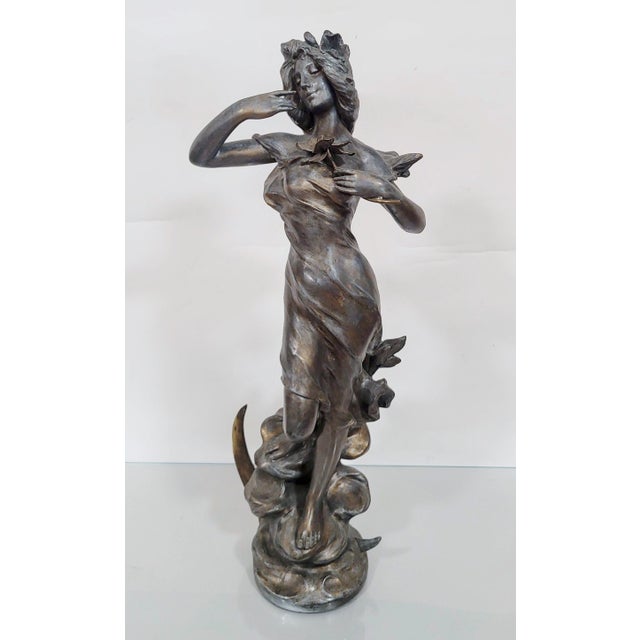Art Nouveau Antique French 20thC Young Lady Art Nouveau Bronzed Metal Sculpture Figure Woman For Sale - Image 3 of 13