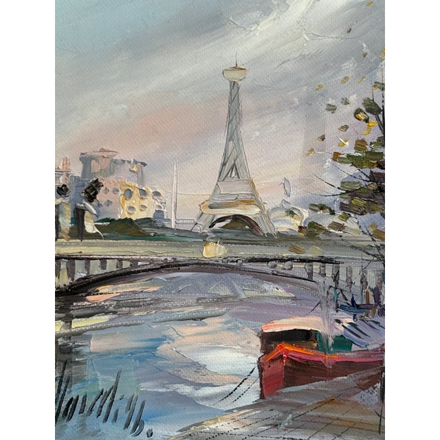 Sky Blue Late 20th Century Impressionist Paris Cityscape, Eiffel Tower From the Seine -- Oil on Canvas For Sale - Image 8 of 14