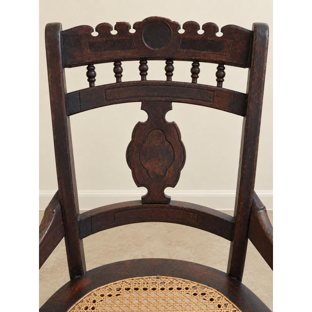 Late 19th Century Set of 4 Antique Victorian Eastlake Carved Armchairs With Cane Seats, 1890s For Sale - Image 5 of 6