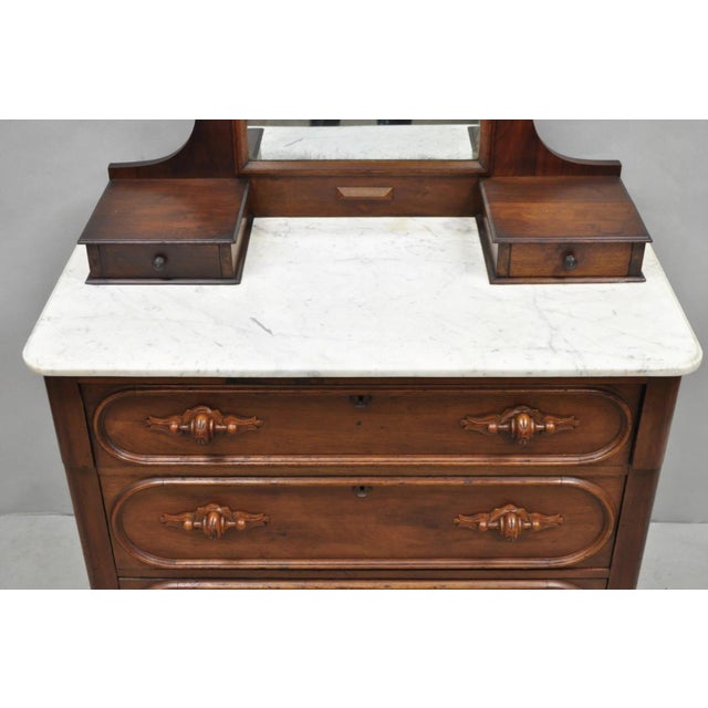 Antique Eastlake Victorian Carved Walnut Marble Top Washstand Dresser W/ Mirror For Sale In Philadelphia - Image 6 of 18