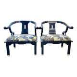 Vintage James Mont Chairs Upholstered in Schumacher Shanghai Peacock Brass Fabric-a Pair For Sale