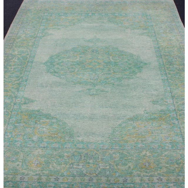 Green Modern Oushak Rug With Floral Medallion Design in Various Shades of Green 6'7" X 9'2" For Sale - Image 8 of 11