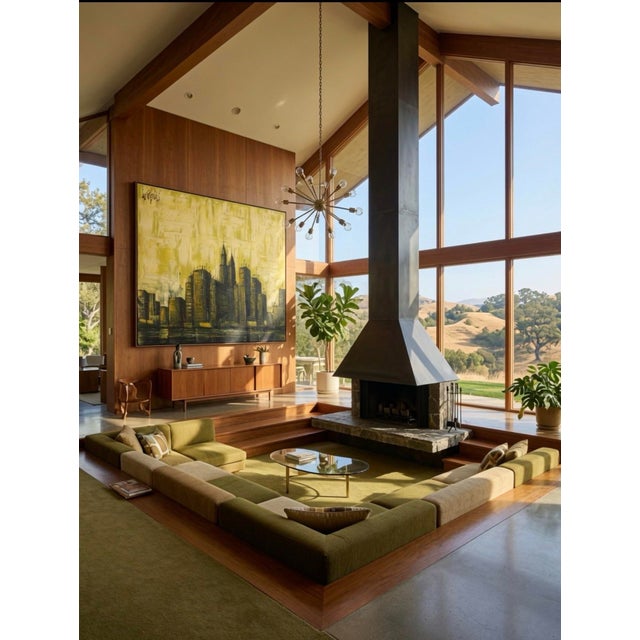 Mid-Century Modern Vintage Lee Reynolds Cityscape Painting Mid Century Modern | Abstract Yellow Green Impasto Oil Canvas MCM Wall Art | Vanguard Studios Signed For Sale - Image 3 of 9