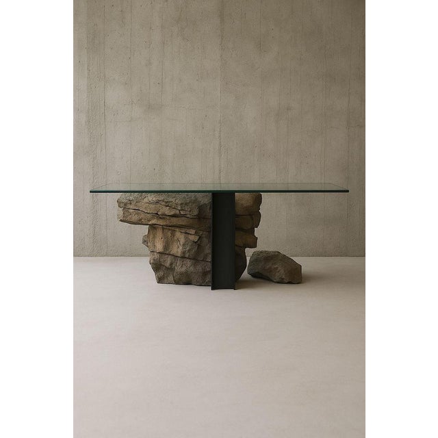 Vulcano dining table in vulcanic stone, steel & glass by marsica fossati dimensions: d 90 x w 200 x h 75 cm. Materials:...