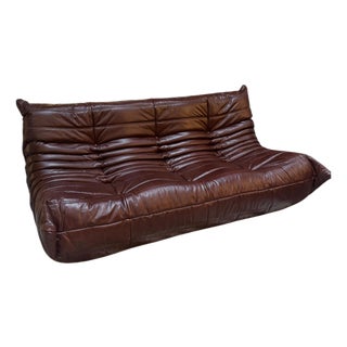 Michel Ducaroy “Togo” Three-Seat Sofa in Deep Brown Leather for Ligne Roset For Sale